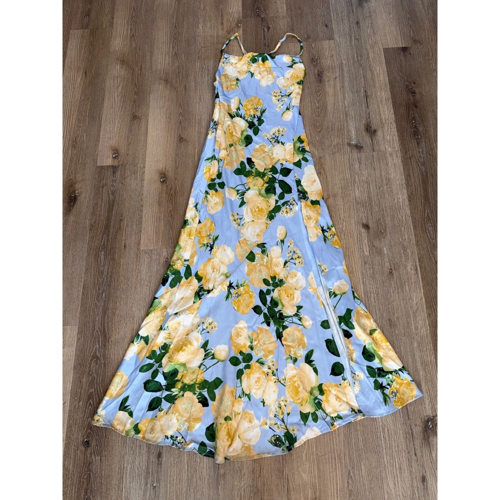 Katia Rae Boho Cottagecore Floral Maxi Dress Women S Blue Yellow Rose Lace Up